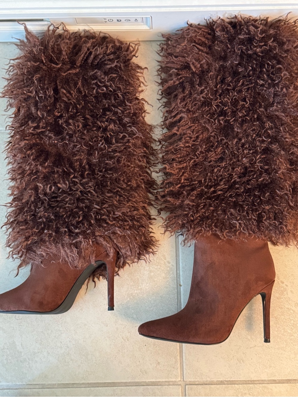 Faux Fur Knee-High Stiletto Boots in Brown